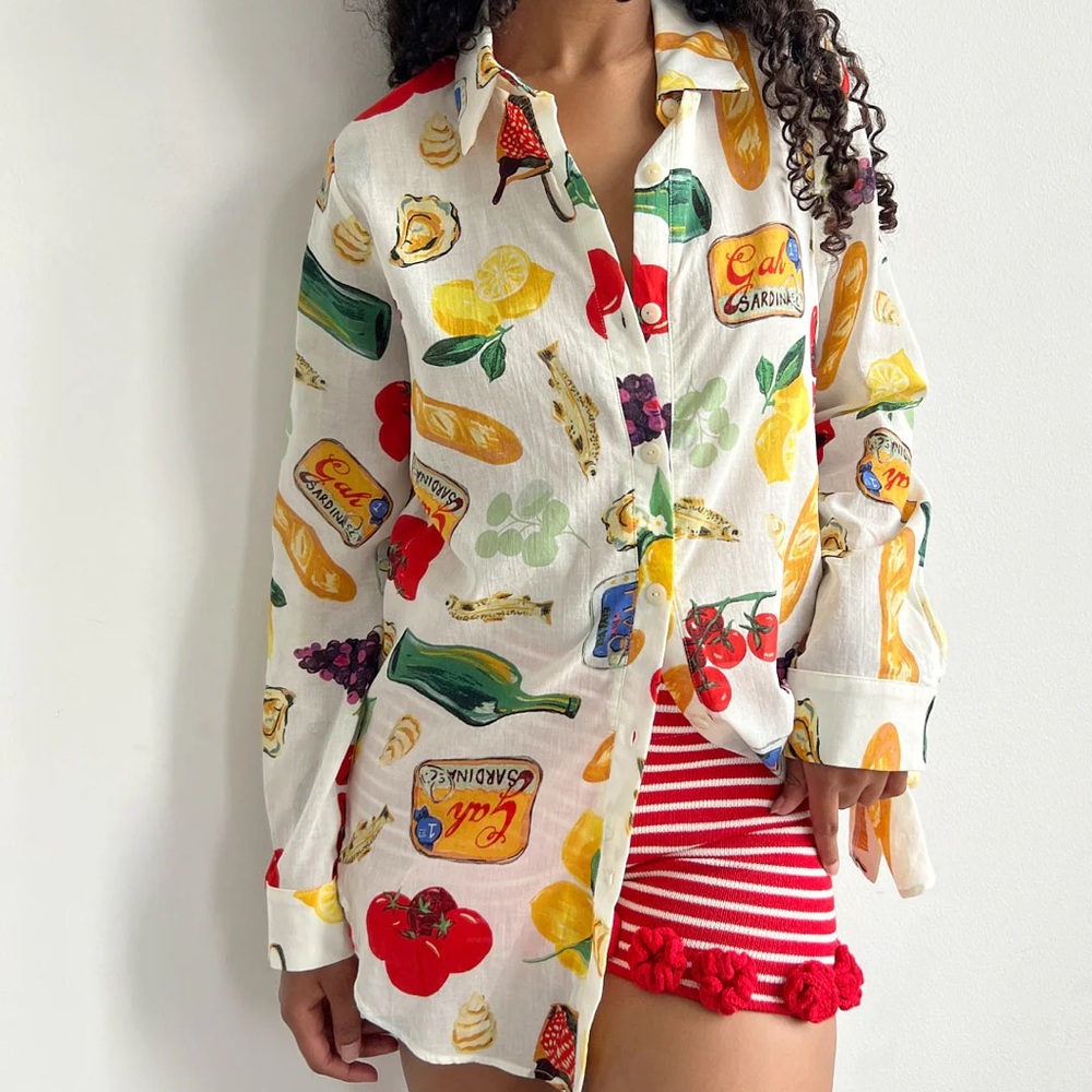 Lisa Says Gah White Multi Fruit & Pantry Print Button-Up Blouse